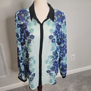 Lauren Conrad Floral Blue and Black Women's Collared Button Down Top Size XL